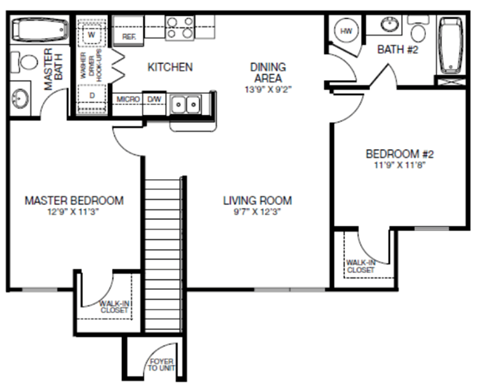 Floor plan for 2 beds, 2 baths, 931 sqft